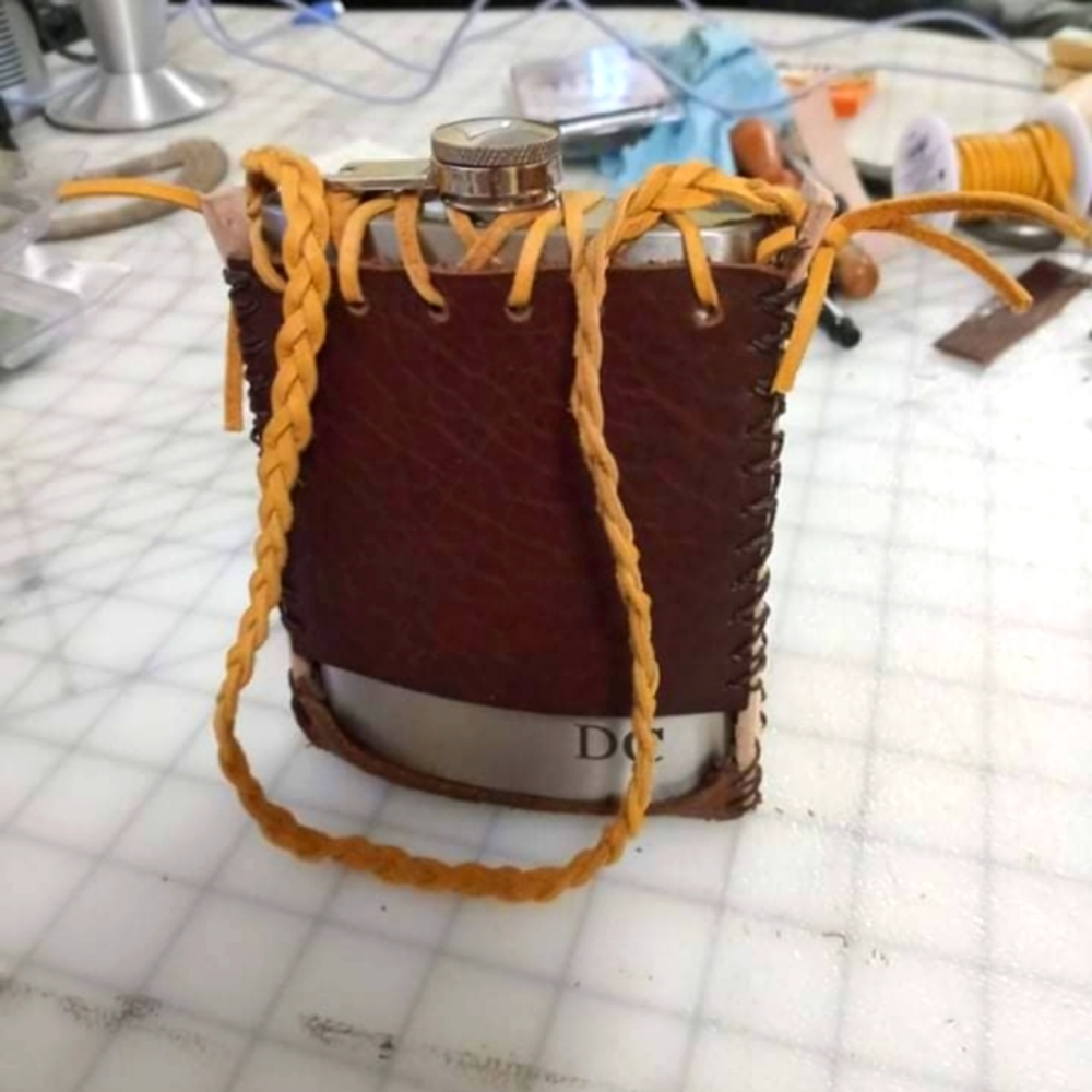 Handcrafted leather flask cover
